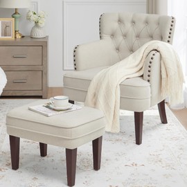Accent Chair with Ottoman, Living Room Chair, Footrest Chair Set with Vintage Brass Studs, Button Tufted Upholstered Armchair, Comfy Reading Bedroom, Reception