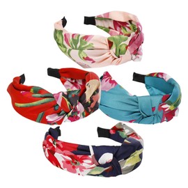 Baluue Bohemian Floral Knot Headband Set of 4 Wide Cloth Hairbands for Women Colorful Party Accessories Adjustable Hairbands for Girls Fashionable and Comfortable