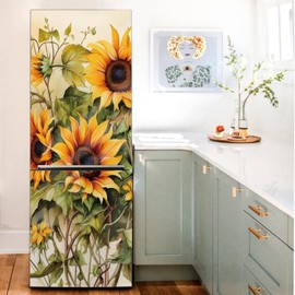 funlife Peel and Stick Fridge Door Mural w/Scraper and Utility Knife, Self-Adhesive Refrigerator Wrap, Leather Effect Textured Vinyl Cover Sticker for Kitchen Decor, 22.04" x64.17" Vintage Sunflower