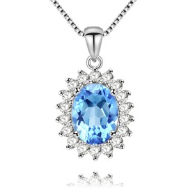 Uloveido Oval Blue Topaz 925 Sterling Silver Crystal Necklace Pendant for Women and Girls with Velvet Box FN018