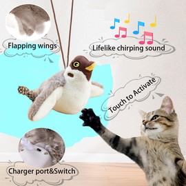 Ataica Flapping Chirping Bird Cat Toy(Non-Flying), USB Charging,Touch Activated Plush Toy,Simulates Bird Wing Flapping and Sounds, for Cats,Dogs & Small Pets (Large, SPARROW-02)
