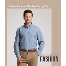 JasGood Men's Double Prong Leather Belt Casual Work Heavy Duty Belt Double Eyelets Belt for Jeans, C-brown