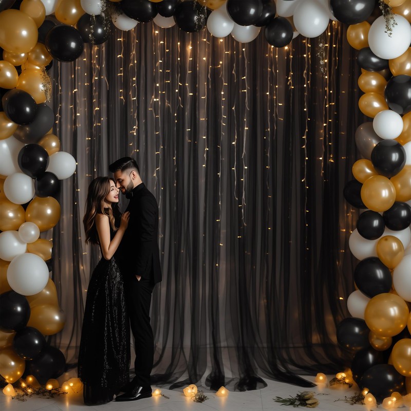 30x8ft Black Tulle Backdrop Curtain with Lights String for Parites,