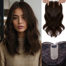 Large Base Toppers Hair Pieces for Women Full Volume Middle Part Clip in Bangs Synthetic Wavy Hair Topper for Daily Wearcolor: 6 8, stretched length: 14inches, toupee size: 6x6
