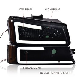 CHEDA Headlights Assembly, Compatible with 2003-2007 Chevy Silverado Avalanche, Smoky Lens Black Housing Amber Reflector LED DRL Bumper Headlamps Set, GM2502257