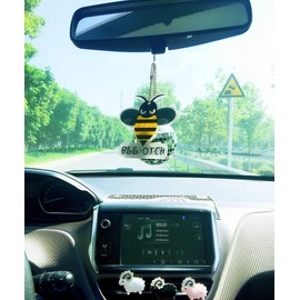 Fashion Bumblebee Car Pendant Decor Ornament Hanging Gift Rear View Mirror Accessories Auto Interior Dangle (Bumblebee3.4 x 3.2 x 0.15 inches) (bee+Mirror Ball, Ball Diameter 1.9inches)