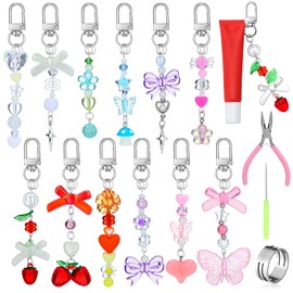 Chunful 12 Pcs Lip Gloss Keychains Bulk Lip Balm Keychains with Exquisite Strawberry Butterfly Bow Flower Love Beads Star Pendant Jewelry Cute Charm for Women Girls Key Purse Decor