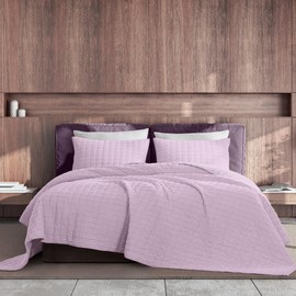 SHALALA Corduroy Quilt King Size 3 Pieces Bedding Set,Striped Bed Cover Cozy Bedspread Coverlet with 2 Matching Pillow Shams,Soft Lightweight Quilt Set for All Season(Light Purple,King)