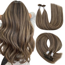 YoungSee U Tips Hair Extensions Real Human Hair Brown Highlight Utip Hair Extensions 16 Inch Dark Brown Highlights Blonde Pre Bonded U Tip Hair Extensions 1g 50g/pack 50s Keratin Hair Extensions