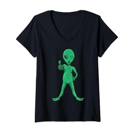 Womens Cartoon Alien Giving Thumbs Up Fun Character For Kids V-Neck T-Shirt