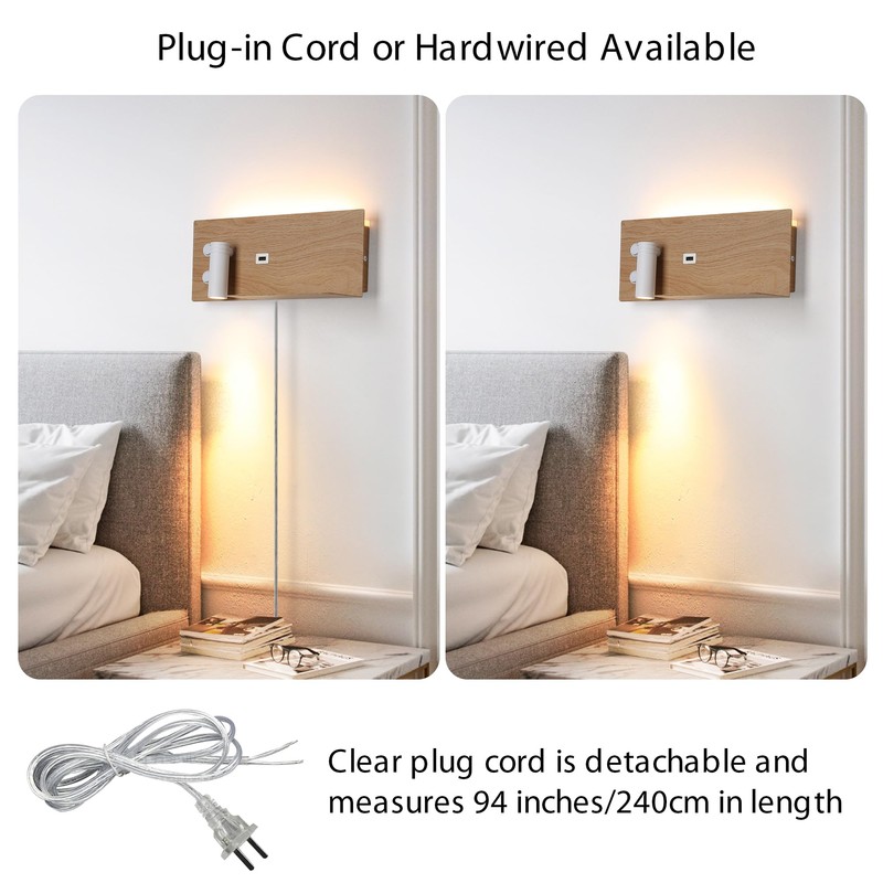 Modern LED Wall Sconce for Bedroom,Wood Plug in Wall Light
