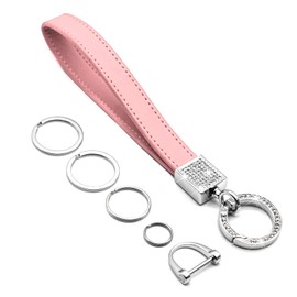 FEYOUN Bling Car Keychain for Women, Universal Genuine Leather Wristlet Strap Key FOB Holder Key Chain Carabiner Clip Accessories Parts with Sparkly Rhinestones, Anti-Lost D-Ring, 4 Key Rings - Pink