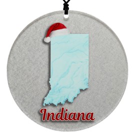 Indiana Christmas Ornament - Winter Theme Featuring Snow, State Terrain Map and Santa Cap - 2024 Acrylic Tree Decoration - Holiday Gift and Home Decor