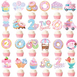 Donut Two Sweet Birthday Party Decorations 48pcs Donut Cupcake Toppers Donut Ice Cream Party Cupcake Topper Decorations for Girls 2nd Birthday Party Baby Shower Supplies