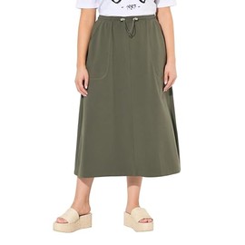 Ulla Popken Women's Plus Size Plus Size Sweat Midi Skirt, Tuxedo Waistband, A-line, Pockets 825784, Olive-grey