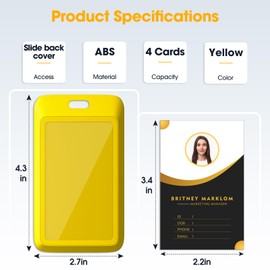 4 Pack Sliding ID Badge Holder, Heavy Duty Plastic ID Badge with Clear Window, Vertical Key Card Holder Protector Pouch for Office School ID Cards Proximity Key Cards Drivers (Yellow)