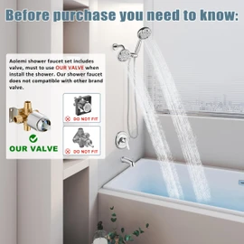 Aolemi Shower Faucet Set with Tub Spout Rain Shower Head System Shower Trim Kit Pressure Rough-in Valve Included ABS 8 Setting Dual Shower Head and Handheld Spray Polish Chrome
