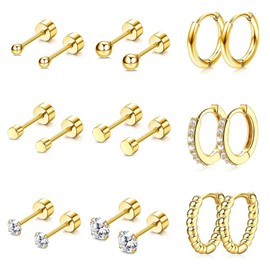 FASACCO Flat Back Stud Earrings Set Cartilage Earrings Gold Plated Surgical Steel Earrings Stud with 8MM Hoops Screw on Flatback Earrings Dainty Nap Earrings