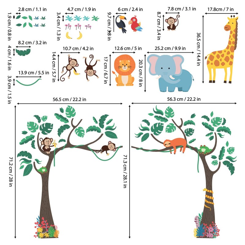 DECOWALL Jungle Trees and Animals Wall Sticker Decor Kindergarten Nursery