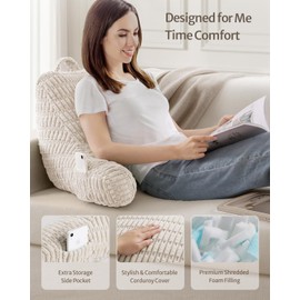 Blissful Diary Reading Pillow, Backrest Pillow with Shredded Memory Foam for Adult & Children, Designed for Bed and Couch Sitting Up, Includes Arms, Pockets and Washable Cover, Off White