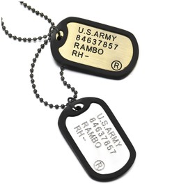 COOLSTEELANDBEYOND Silver and Bronze Two-Pieces Military Army Dog Tag with Black Silicone Pendant Necklace, 28 in Chain