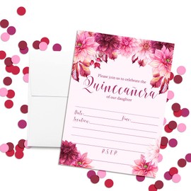 Amanda Creation Watercolor Pink Dahlia Quinceanera Invitations, 20 5x7 Fill In Cards with Twenty White Envelopes