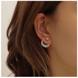 Inilbran Boho Rhinestone Crescent Ear Jackets Earrings Vintage Crescent Moon Jacket Earrings Blue Crystal Moon Star Earrings Sparkly Crystal Cz Moon Earrings Jewelry for Women and Girls