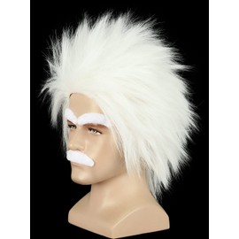 yuehong Short White Mad Scientist Wigs Anime Cosplay Costume Hair Heat Resistant Synthetic Fibers Durable Breathable Wig with Mustache and Eyebrows