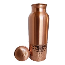 A American Ayurveda 100% Pure Copper Water Bottle 600ml 20 Oz Joint Free, Leak Proof, Tumbler, Flask, Yoga, Health Benefits, Natural Ayurvedic Alkaline Water (Copper Bottle Half Hammered 600ml)
