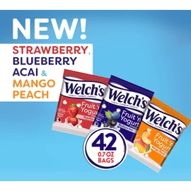 Welch's Fruit Snacks, Fruit 'n Yogurt Variety Pack, Strawberry, Blueberry Acai, Mango Peach, Bulk Pack, Individual Single Serve 0.7 oz Bags (Pack of 42)