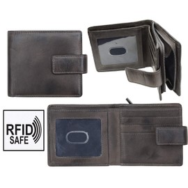 Prime Hide RFID Blocking Men's Vintage Black Leather Bifold Wallet External Zipped Coin Pocket
