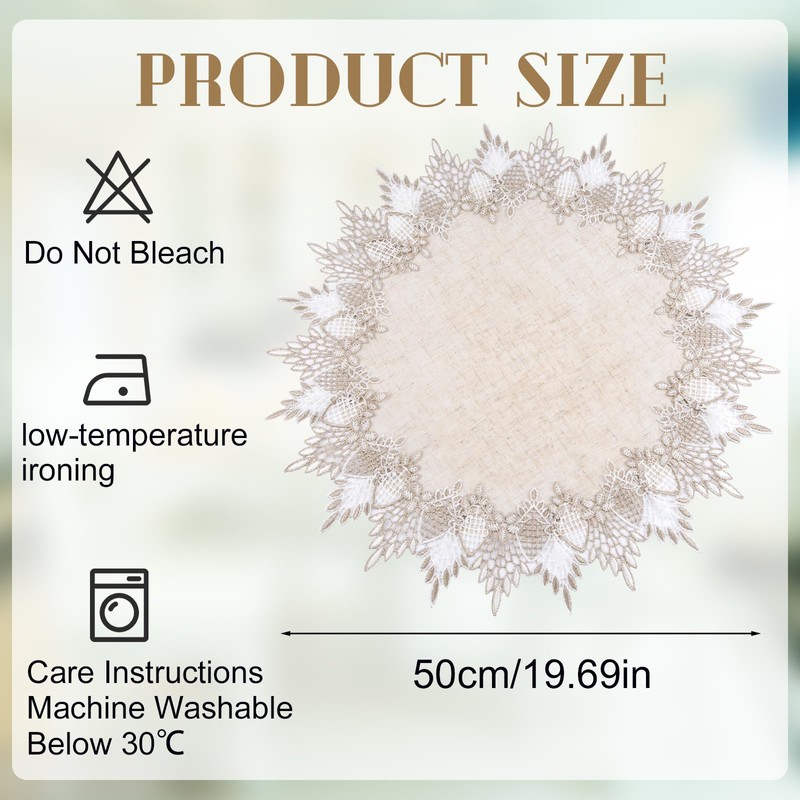 URROMA Linen Round Doily,20x20 Inch Beige Table Cover with Lace