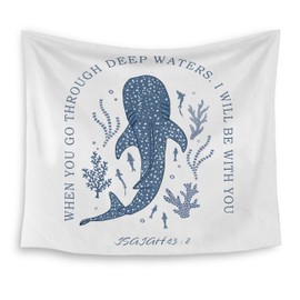 HUGANE Whale Shark Christian Tapestry, Isaiah 43:2 Bible Verse Tapestry Wall Hanging, Religious Bible Scripture Wall Blanket Backdrop Decor for Home Bedroom Living Room, 50x60 Inch