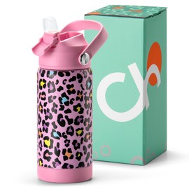 Choco Mocha Kids Insulated Water Bottle for Girls with Straw Lid, 450ml/14Oz Todder Children's Stainless Steel with Handle for School, Pink Leopard