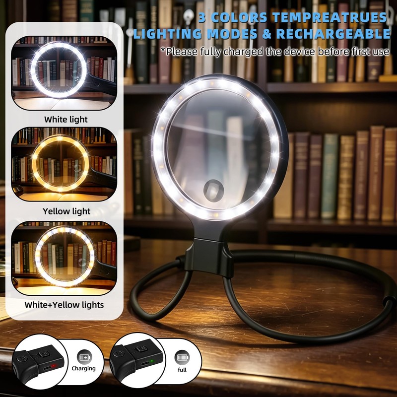 Dilzekui 5X&10X Neck Handheld 2-in-1 Magnifying Glass for Reading w/Light