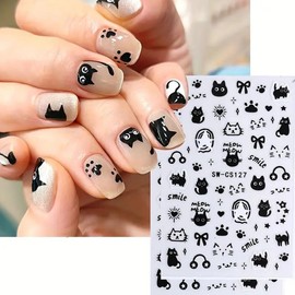 Little Black Cat Nail Stickers for Nail Art,6PCS Cute Cartoon Cat Design Nail Art Stickers 3D Self Adhesive Cat Star Letter Nail Decals for Nail Art Decorations Y2K Japanese Manicure Nail Art Supplies