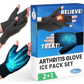 Arthritis Gloves and Ice Pack (2+1 Set) Fingerless Compression Gloves for Women and Men, Arthritis, Carpal Tunnel, Swelling (Large)