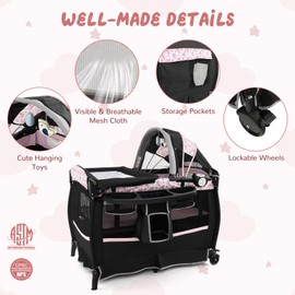 HONEY JOY Pack and Play, 4 in 1 Portable Baby Crib Playpen w/Bassinet, Changing Table, Canopy, Mattress, Music Box, Storage Bag, Foldable Pack and Play Nursery Center for Infant Boys Girls