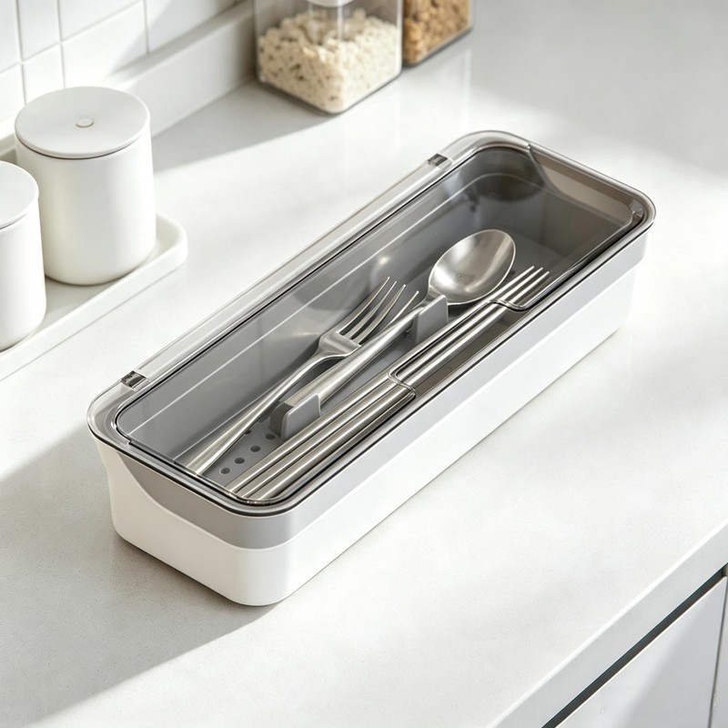 Silverware Tray with Lid, Clear Flatware Organizer, Kitchen Drawer Storage