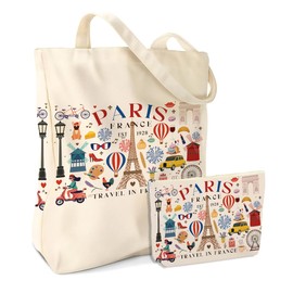 Funny Paris Travel Gifts for Women 2PCS Cosmetic Bag Canvas Tote Bag Beach Bag with Pocket Makeup Bags ，France Paris Lovers Gift Birthday Mothers Day Anniversary Friendship Gifts for Girls Travelers