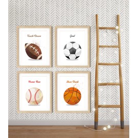 Watercolor Sport Football Basketball Soccer Softball Boys Room Decor Wall Art Motivational Prints Paintings for Bedroom Nursery Playroom Classroom Decoration Funny Gifts (8x10 inch，Set of 4，Unframed)
