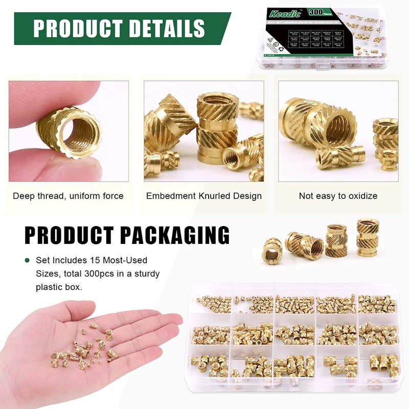 Keadic 300 Pieces M2 M3 M4 M5 M6 Brass Embedding