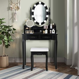 DORTALA Vanity Table Set, Makeup Dressing Table with 10 Dimmable Bulbs Lighted Mirror & 4 Drawers, Cushioned Stool, Solid Wood Leg, Classic Dressing Table Set for Home, Salon, Black