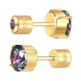Hopply Hypoallergenic G23 Pure Titanium Earrings for Women Men,20G Implant Grade Flatback 5A Cubic Zirconia Earrings Studs for Sensitive Ears Jewelry Gift (Gold+Rainbow CZ, 4mm)