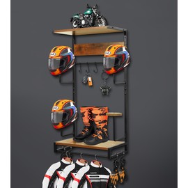 Motorcycle Helmet Rack Wall Mount, Retro Rust Helmet Holder with Wood Floating Shelf and Hooks for Storage