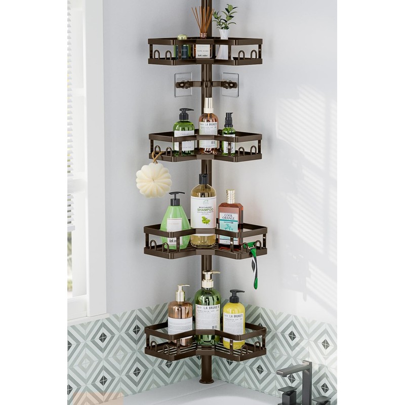 HEVEL Corner Shower Caddy Tension Pole, 4 Tier Adjustable Shower