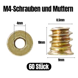 Pack of 60 Screw-In Nuts M4 x 10 mm, Threaded Insert Wood, Colour Galvanised Threaded Insert Nuts, Screw-In Sleeves, Threaded Wood Inserts for Wooden Furniture (M4 x 10 mm)