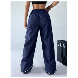 OYOANGLE Women's Parachute Pants Elastic Waist Baggy Cargo Pants Straight Leg Sweatpants Streetwear Blue X-Small