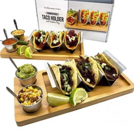 2 Packs Taco Holder Kit Stainless Steel Taco Holder with Wooden Serving Tray 4-in-1 Taco Set with Stainless Steel Dip Bowls & Spoons, for Taco Lover Vegetarian Christmas Gifts
