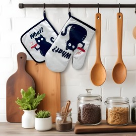 What? Funny Oven Mitts and Pot Holders,Silicone Non-Slip Oven Mitts,Cat Oven Mitts,Cat Lover Gift,Cat Mom Gifts,Cooking Baking BBQ Gifts